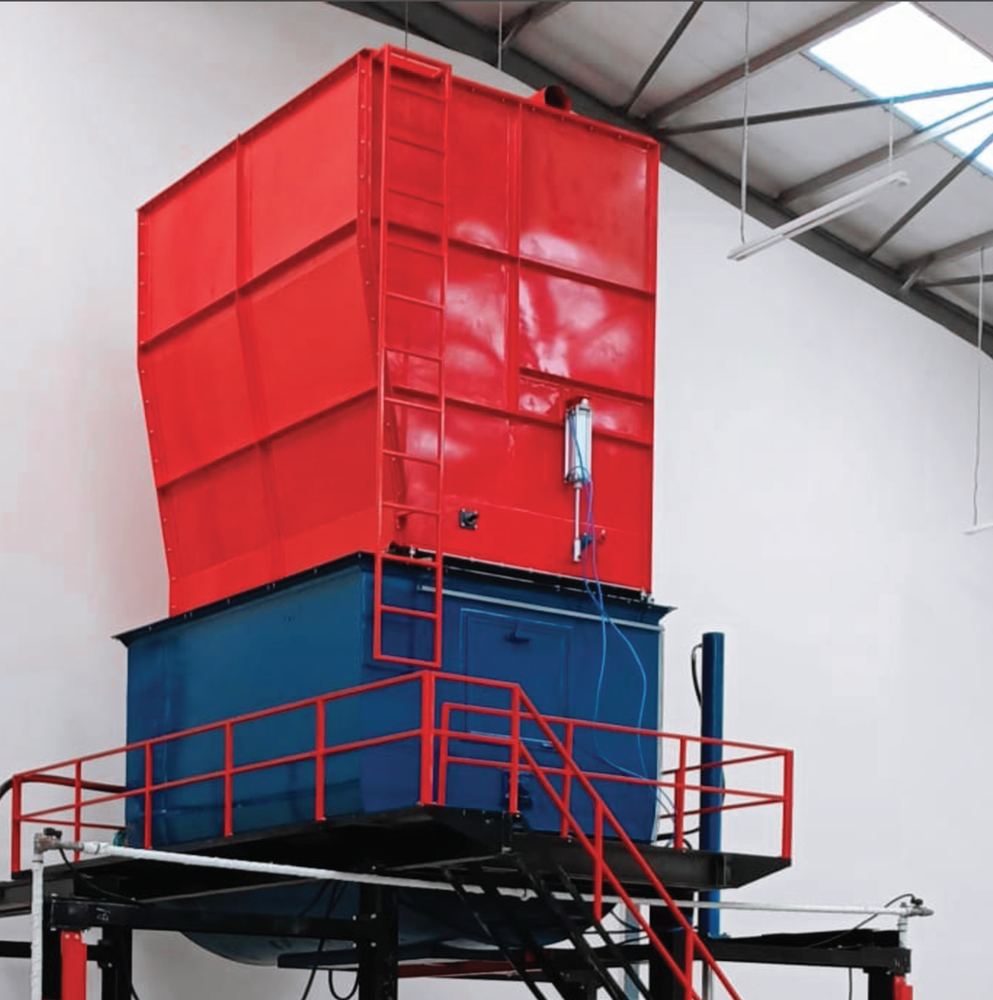 Recaz rebonding machine with red mixing tank and blue lower assembly